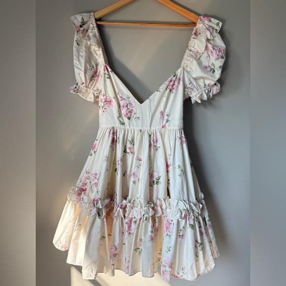 NEW Selkie Summer Home Girls Night Out Mini Ruffle Dress Pink Cream Floral | XS - Picture 9 of 15